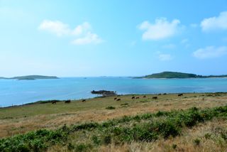 Wandelen op Tresco, met een de overkant Bryher and links St. Agnes.