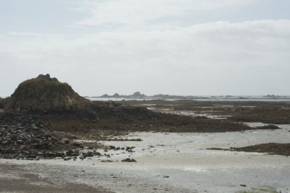 Het maanlandschap van La Rocque Point op Jersey bij eb